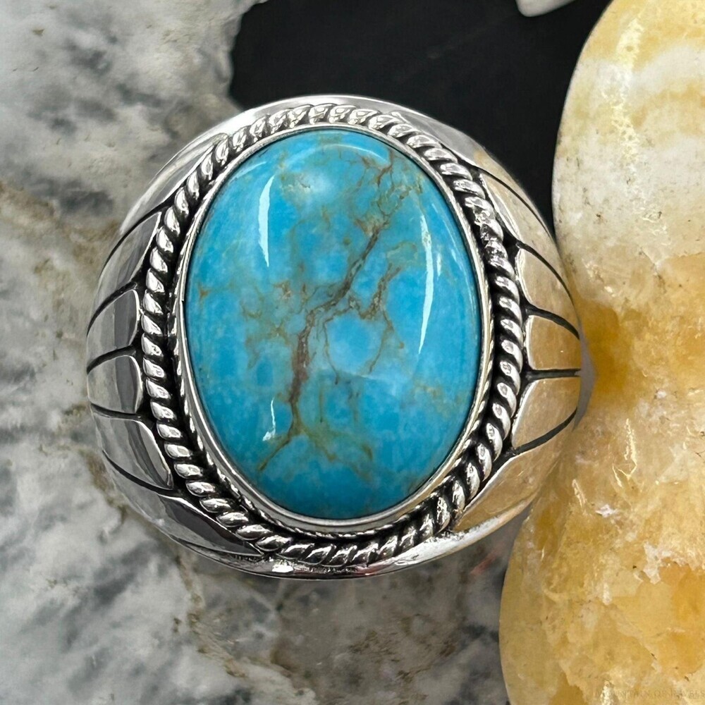 Native American Sterling Silver Oval  Turquoise Shield Ring Size 10.75 For Men - Picture 6 of 10